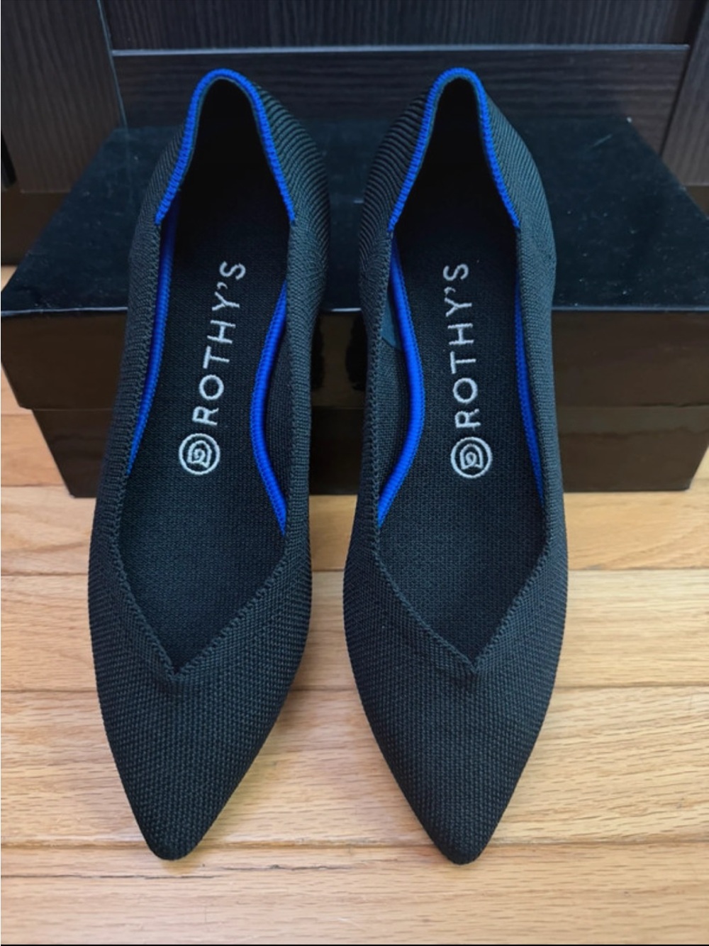 Rothy's Black Pointed Knit Flats with Bright Blue Trim